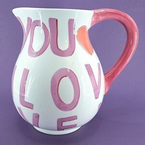 Vintage "I Love You" Ceramic Pitcher Vase Pink Heart Decor Retro Valentine‎ 8.5"